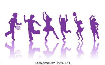 Silhouette of little boys and girls dancing and playing together