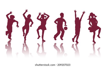 Silhouette of  little boys and girls dancing and playing together