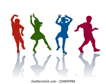 Silhouette of little boys and girls dancing and playing together