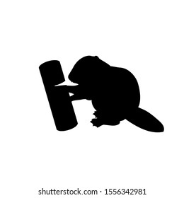 Silhouette of little cub baby beaver gnawing log. Vector illustrator