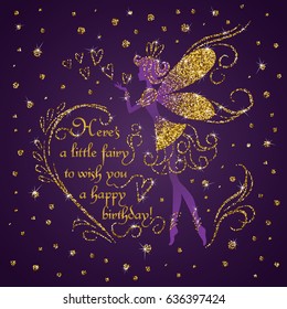 Silhouette of little fairy with jeweled gold glitter fairy dust, wings and dress. Vector pixie girl fantasy character. Luxurious greeting card with fairytale creature on dark purple background