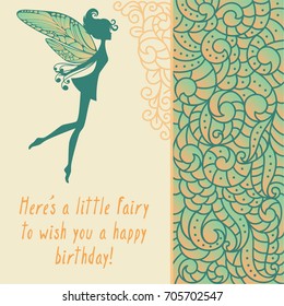 Silhouette of little fairy with wings. Creative card with girl and boho curl nature pattern. Vector pixie girl fantasy character. Cartoon fairytale creature on a green background