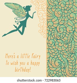 Silhouette of little fairy with wings. Creative card with girl and boho curl nature pattern. Vector pixie girl fantasy character. Cartoon fairytale creature on a green background