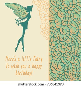 Silhouette of little fairy with wings. Creative card with girl and boho curl nature pattern. Vector pixie girl fantasy character. Cartoon fairytale creature on a green background