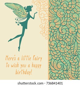 Silhouette of little fairy with wings. Creative card with girl and boho curl nature pattern. Vector pixie girl fantasy character. Cartoon fairytale creature on a green background