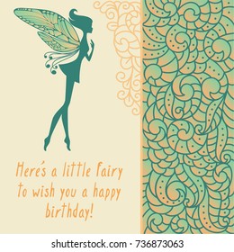 Silhouette of little fairy with wings. Creative card with girl and boho curl nature pattern. Vector pixie girl fantasy character. Cartoon fairytale creature on a green background