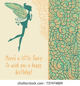 Silhouette of little fairy with wings. Creative card with girl and boho curl nature pattern. Vector pixie girl fantasy character. Cartoon fairytale creature on a green background