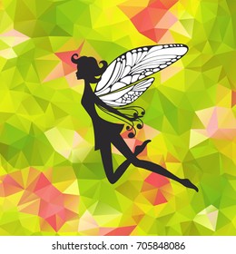 Silhouette of little fairy with wings on a nateure abstract triangle background. Vector pixie girl fantasy character. Cartoon fairytale creature on a green background