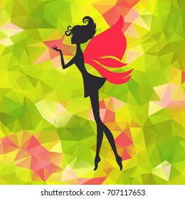 Silhouette of little fairy with wings on a nateure abstract triangle background. Vector pixie girl fantasy character. Cartoon fairytale creature on a green background