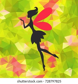 Silhouette of little fairy with wings on a nateure abstract triangle background. Vector pixie girl fantasy character. Cartoon fairytale creature on a green background