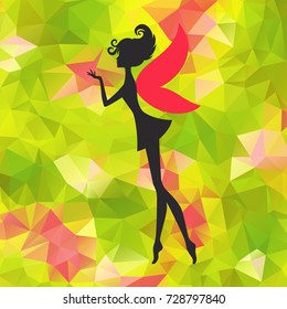 Silhouette of little fairy with wings on a nateure abstract triangle background. Vector pixie girl fantasy character. Cartoon fairytale creature on a green background