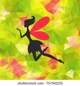 Silhouette of little fairy with wings on a nateure abstract triangle background. Vector pixie girl fantasy character. Cartoon fairytale creature on a green background