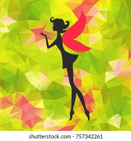 Silhouette of little fairy with wings on a nature abstract triangle background. Vector pixie girl fantasy character. Cartoon fairytale creature on a green background