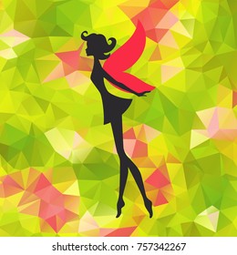 Silhouette of little fairy with wings on a nateure abstract triangle background. Vector pixie girl fantasy character. Cartoon fairytale creature on a green background