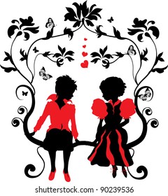 Silhouette little girl and boy with hearts illustration