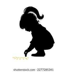 Silhouette of a little girl. Draws on asphalt with chalk. Vector illustration