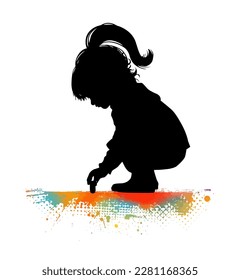 Silhouette of a little girl. Draws on asphalt with chalk. Vector illustration