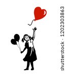 Silhouette of little girl and flying heart balloon. Free street art concept. Spray stencill illustration