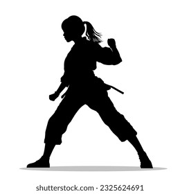 Silhouette de una niñita en un kimono que se dedica a artes marciales. Silueta de chica karate. Una chica con kimono tomó una postura de lucha. Ilustración del vector