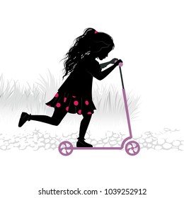 Silhouette of little girl on kick-scooter, Black and white illustration