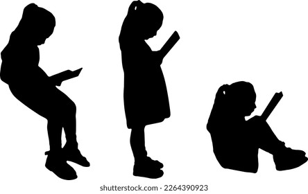 Silhouette of little girl reading book set. Children learning concept. Vector Silhouette