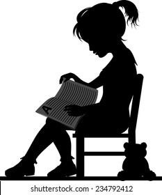 Silhouette of little girl, reading book for her toy