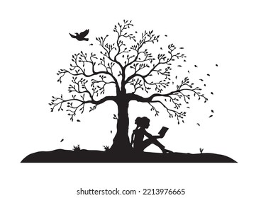 silhouette of little girl reading tree wall decor 