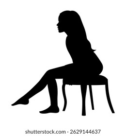 Silhouette of little girl sitting on stool leaning forward, black figure