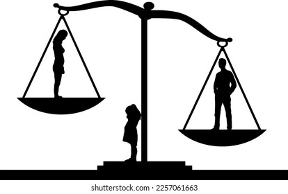 Silhouette of a little sad girl baby crying standing between mom and dad, they stand on the scales of justice, dad in priority. Concept of divorce and division of children. Vector