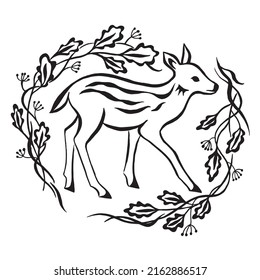Silhouette of little sweet baby deer, fawn surrounded by branches of a flowering bush and oak leaves