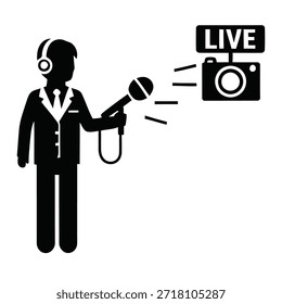 Silhouette of Live Broadcaster with Microphone and Camera – Black and White Media Icon