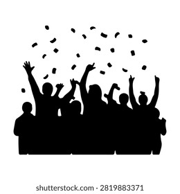 Silhouette of a lively crowd celebrating with confetti and raised hands, capturing excitement and festive atmosphere.