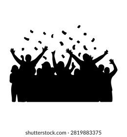 Silhouette of a lively crowd celebrating with confetti, raising hands, and joyful expressions, capturing festive and energetic atmosphere.