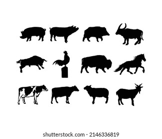 Silhouette Livestock Animal Farm Set Logo Vector