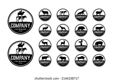 Silhouette Livestock Animal Farm Set Vintage Circle Logo Vector