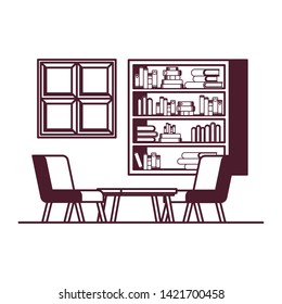 silhouette of living room with couch and bookshelf of books