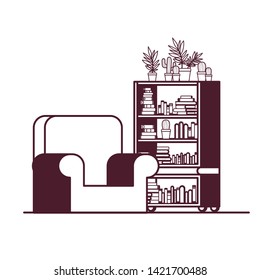 silhouette of living room with couch and bookshelf of books