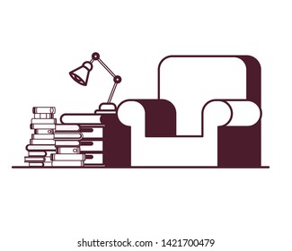 silhouette of living room with couch and stack of books