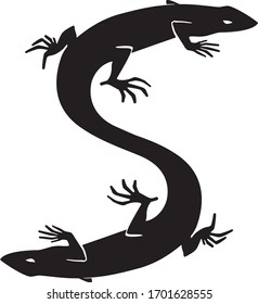 Silhouette of a lizard  as letter "S". Tattoo, logo, sign, vector illustration