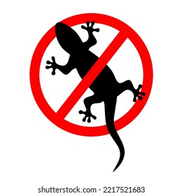 Silueta de un lagarto con marcas de círculo rojo. Prohibición de lagartos, peligro de lagartos, no toques lagartos. Aislado sobre un fondo blanco. Vector