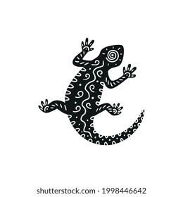 Silhouette lizard reptile decorated of black and white tribal ornament. Icon for logo, sticker or tattoo. Vector isolated illustration.