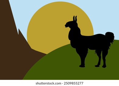 Silhouette of a llama, a guanaco, alpaca to the mountains against the background of the sun