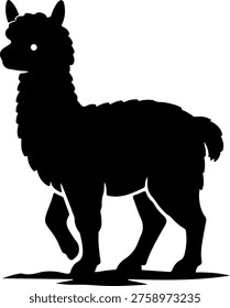 Silhouette of a llama standing on a flat surface with woolly fur and long neck