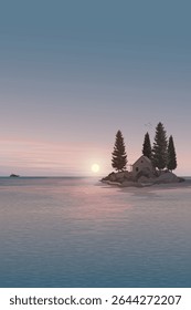 Silhouette log cabin and pine trees on small rocky island loacted in tropical blue sea have dramatic sky vertical background graphic illustration.