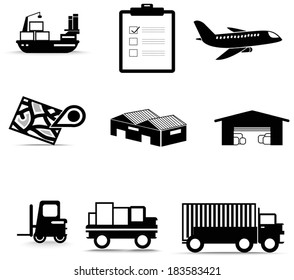 Silhouette logistic cargo warehouse inventory system and transportation icon collection set in isolated background, create by vector 