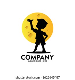 silhouette logo of a boy with a full moon background. children logo