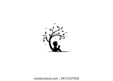 silhouette logo of child reading book under tree in black flat vector design