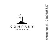 silhouette logo of a child standing on a rocky hill, looking up at the crescent moon among the stars of space, with a dreamy sense of the future