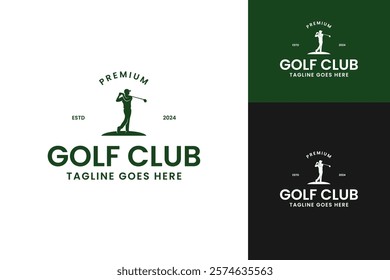 Silhouette logo design of person playing golf on course template vector illustration