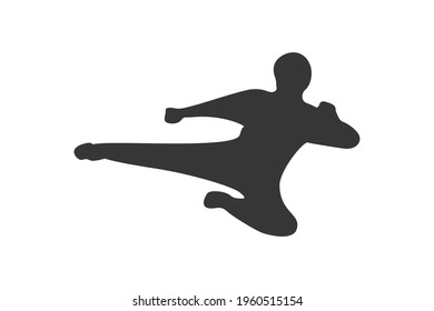 The silhouette logo of a flying martial artist kicking